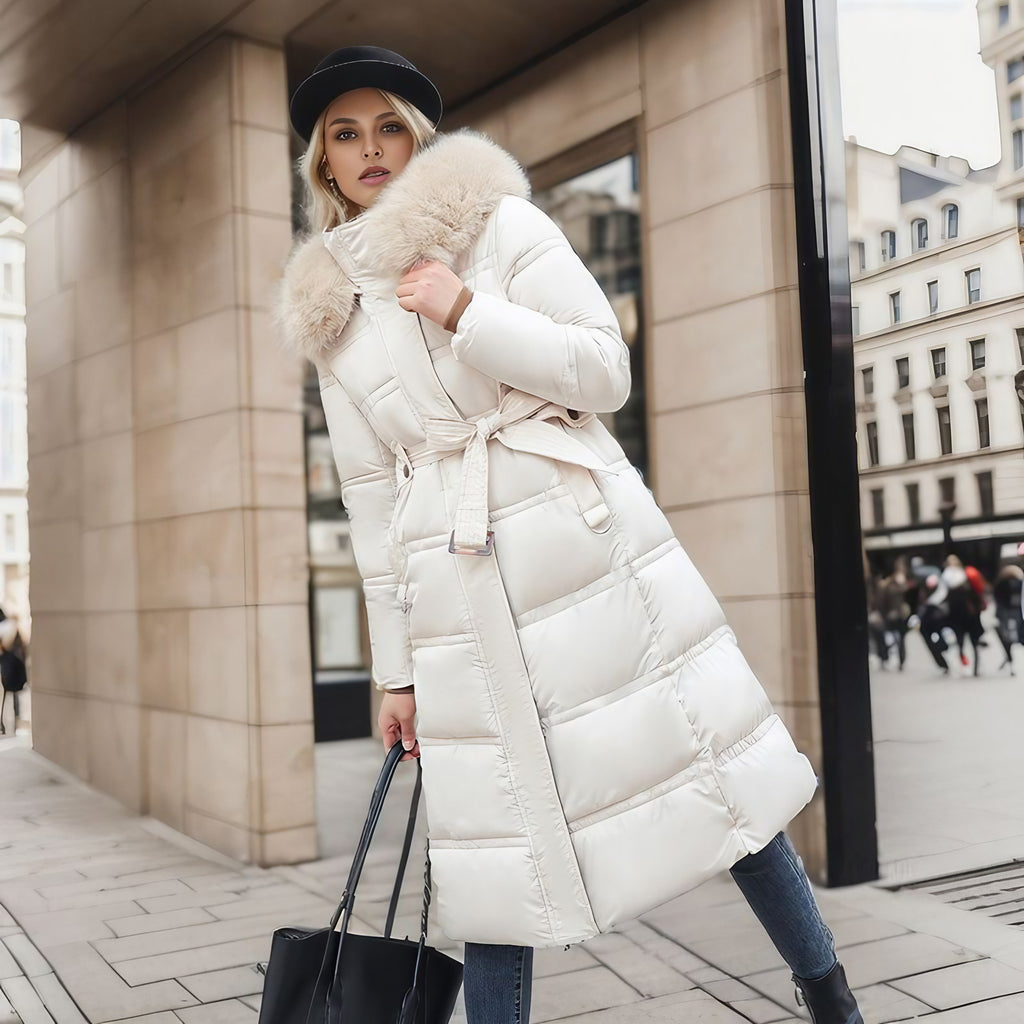 Manteau long matelassé femme à col doux, coupe droite