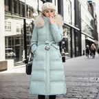 Manteau long matelassé femme à col doux, coupe droite, vert et beige