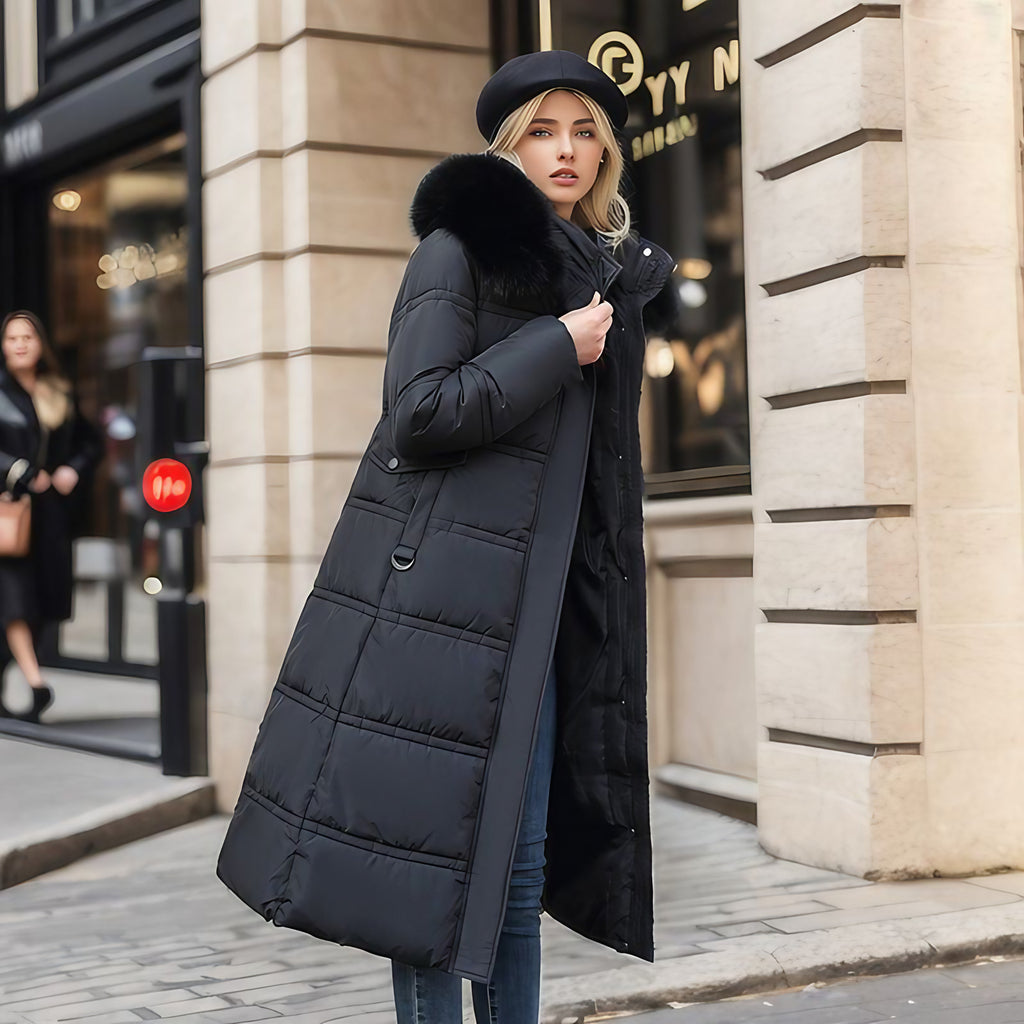 Manteau long matelassé femme à col doux, coupe droite, noir
