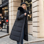 Manteau long matelassé femme à col doux, coupe droite, noir