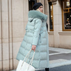Manteau long matelassé femme à col doux, coupe droite, vert