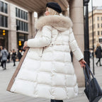 Manteau long matelassé femme à col doux, coupe droite, blanc et beige