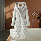 Manteau long matelassé femme à capuche et col montant, beige
