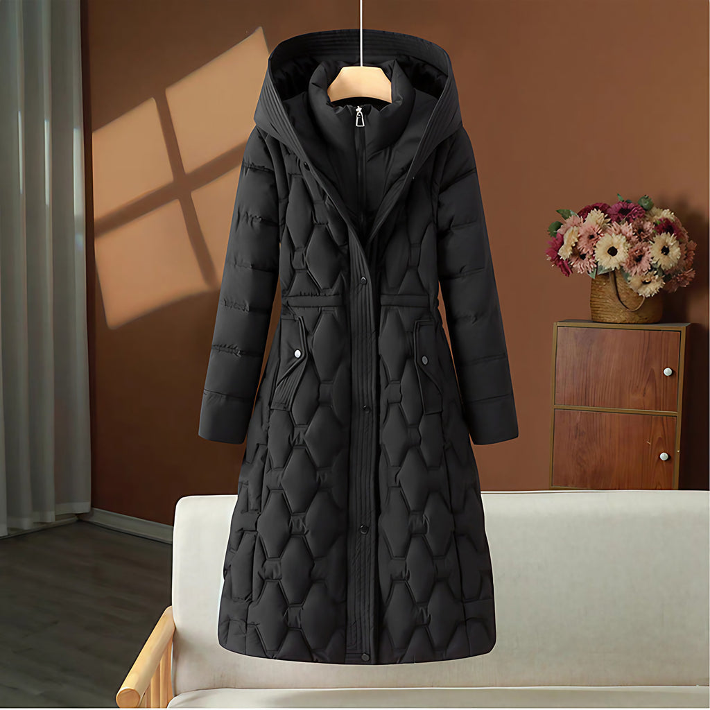 Manteau long matelassé femme à capuche et col montant, noir