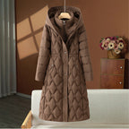 Manteau long matelassé femme à capuche et col montant, marron