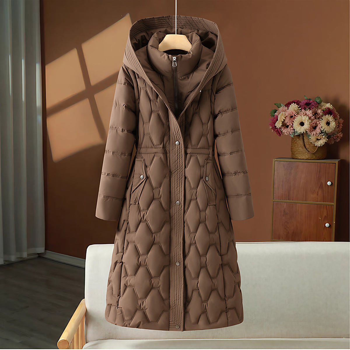 Manteau long matelassé femme à capuche et col montant, marron