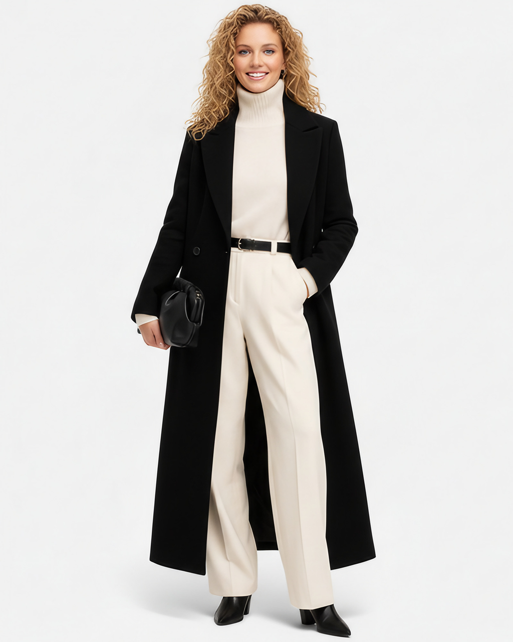 Manteau long noir femme à col à revers, coupe légèrement cintrée, noir