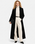 Manteau long noir femme à col à revers, coupe légèrement cintrée, noir