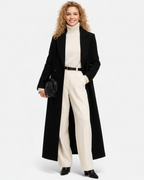 Manteau long noir femme à col à revers, coupe légèrement cintrée, noir
