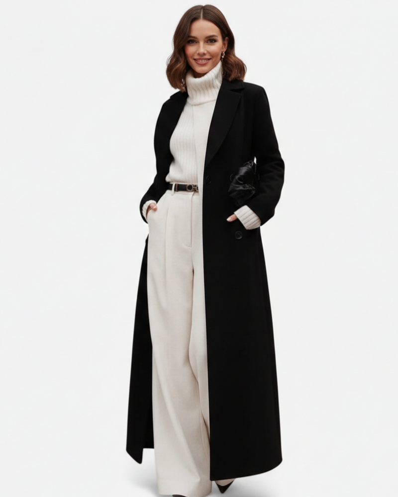 Manteau long noir femme à col à revers, coupe légèrement cintrée