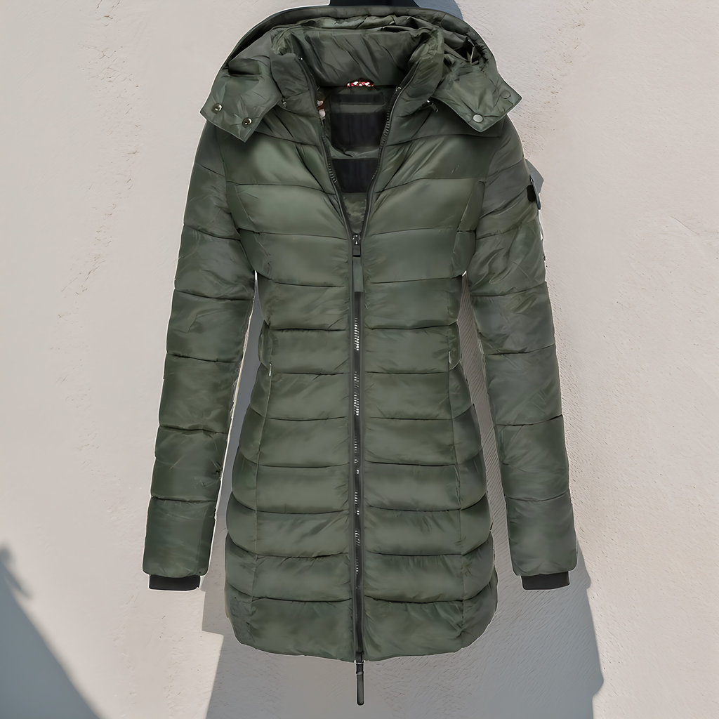 Doudoune longue femme à capuche, déperlante, cinq coloris, vert