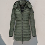 Doudoune longue femme à capuche, déperlante, cinq coloris, vert
