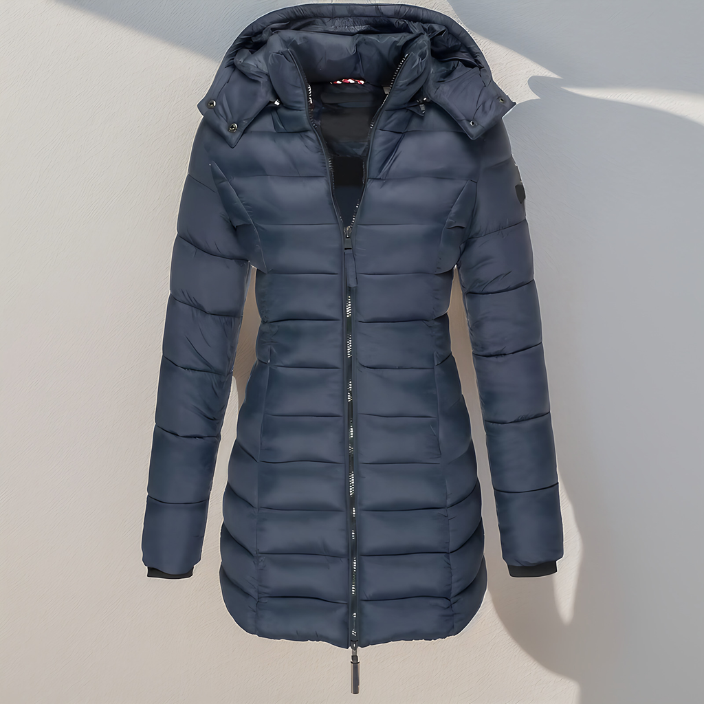 Doudoune longue femme à capuche, déperlante, cinq coloris, bleu