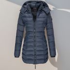 Doudoune longue femme à capuche, déperlante, cinq coloris, bleu