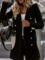 Manteau femme double boutonnage, revers crantés, six coloris, noir