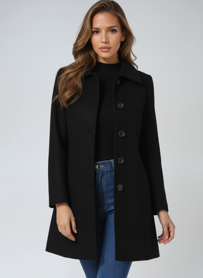 Trench coat femme d'hiver à simple boutonnage, coupe ajustée, noir