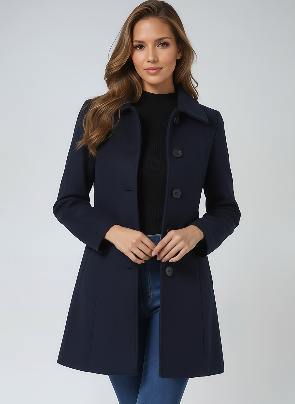 Trench coat femme d'hiver à simple boutonnage, coupe ajustée, bleu foncé