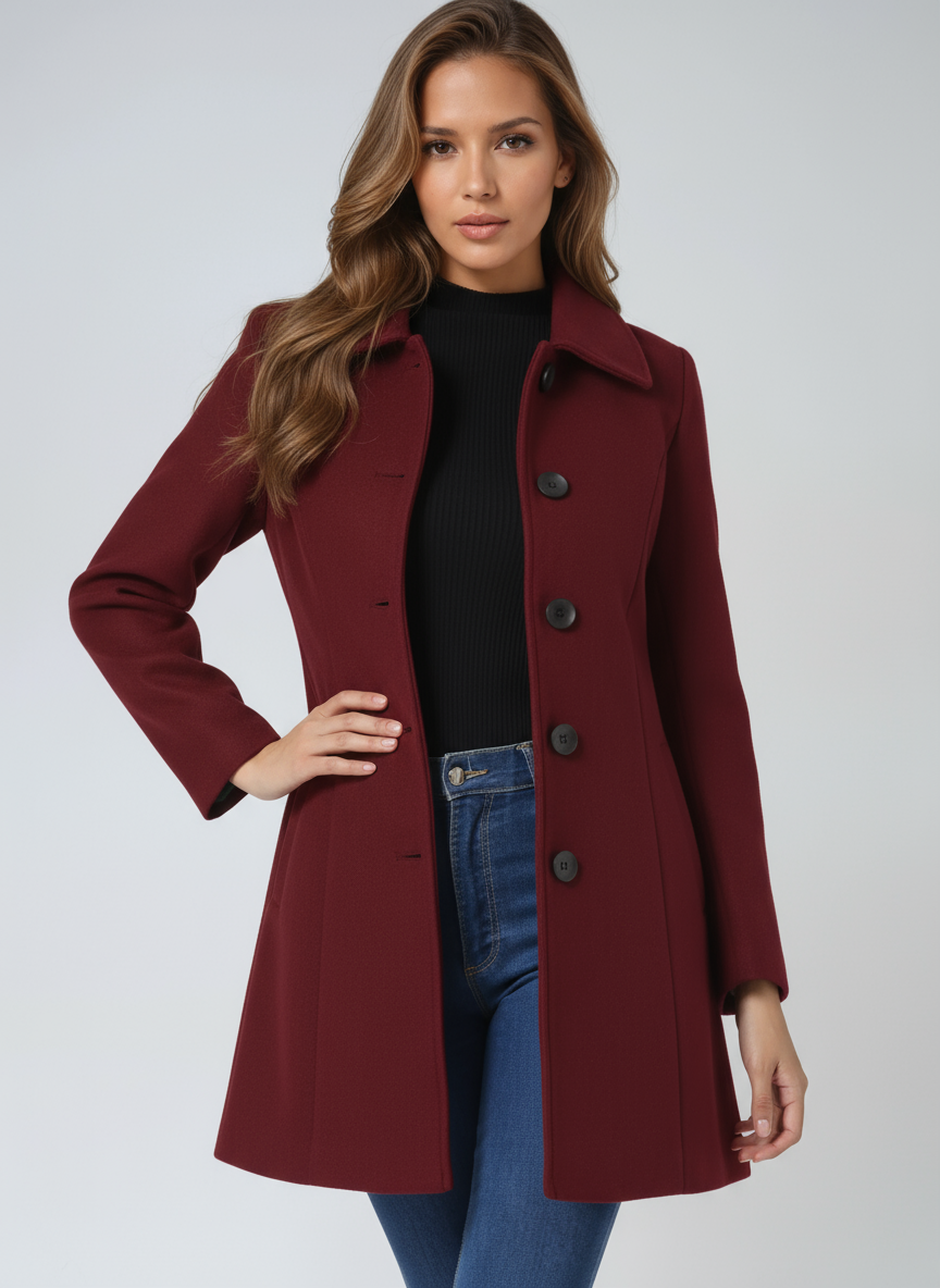 Trench coat femme d'hiver à simple boutonnage, coupe ajustée