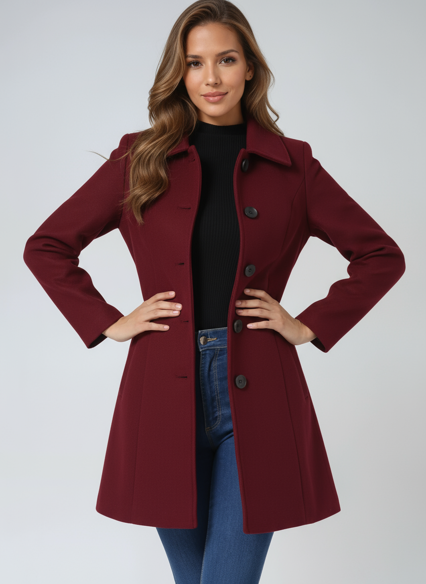Trench coat femme d'hiver à simple boutonnage, coupe ajustée, rouge foncé