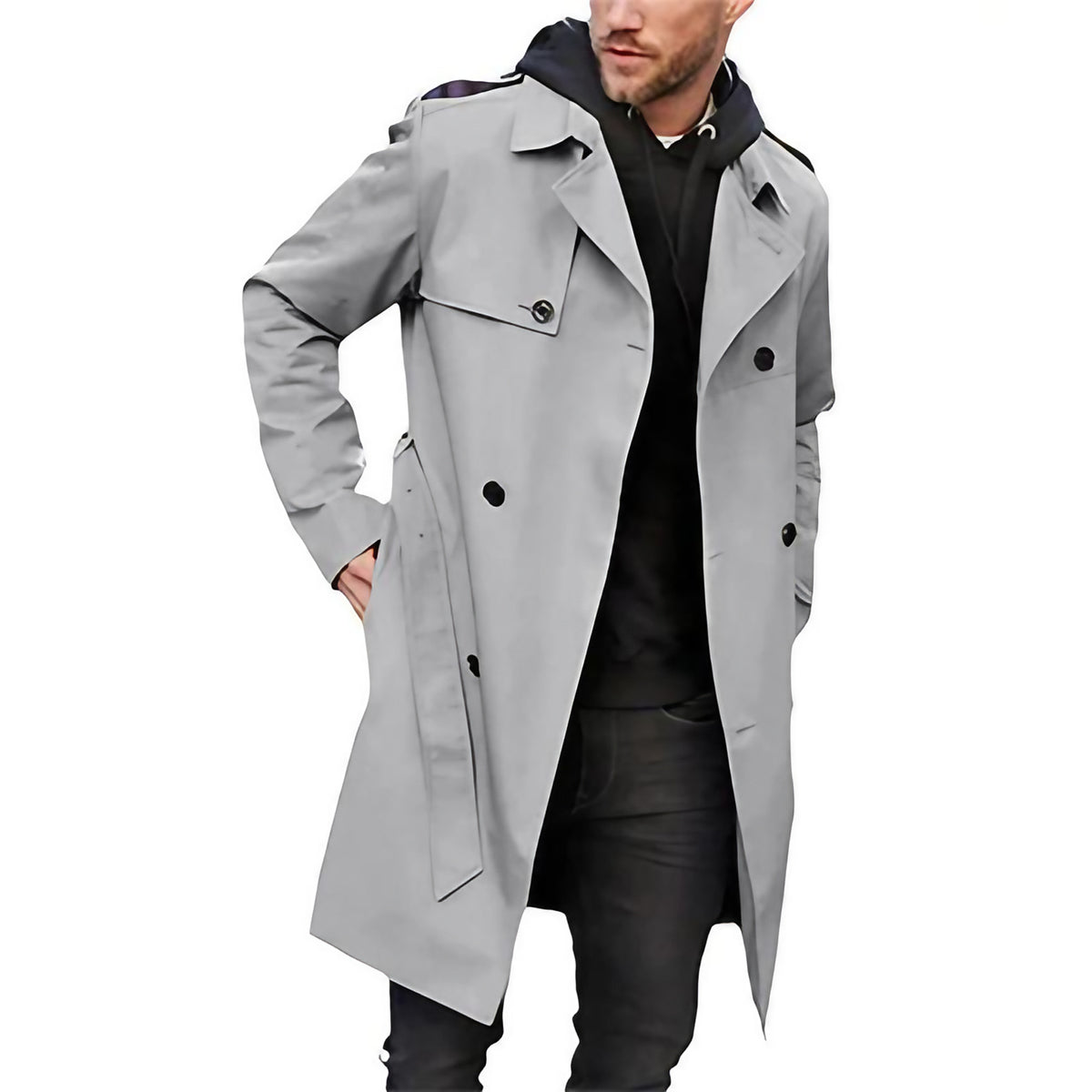 Trench homme à double boutonnage et ceinture, coupe ajustée, gris