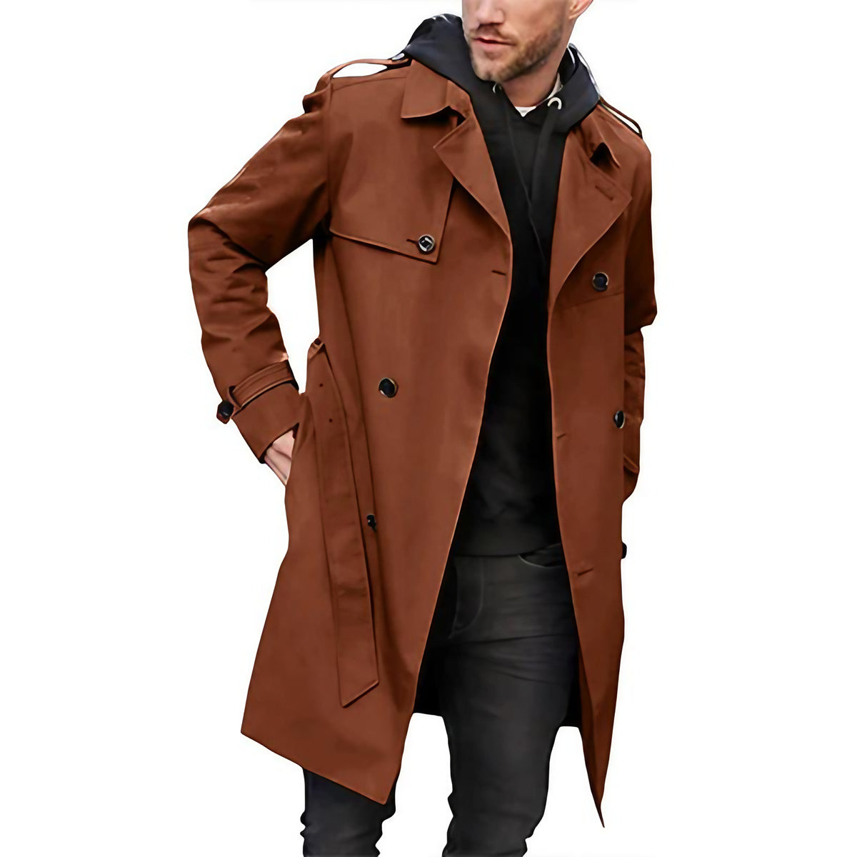 Trench homme à double boutonnage et ceinture, coupe ajustée, marron