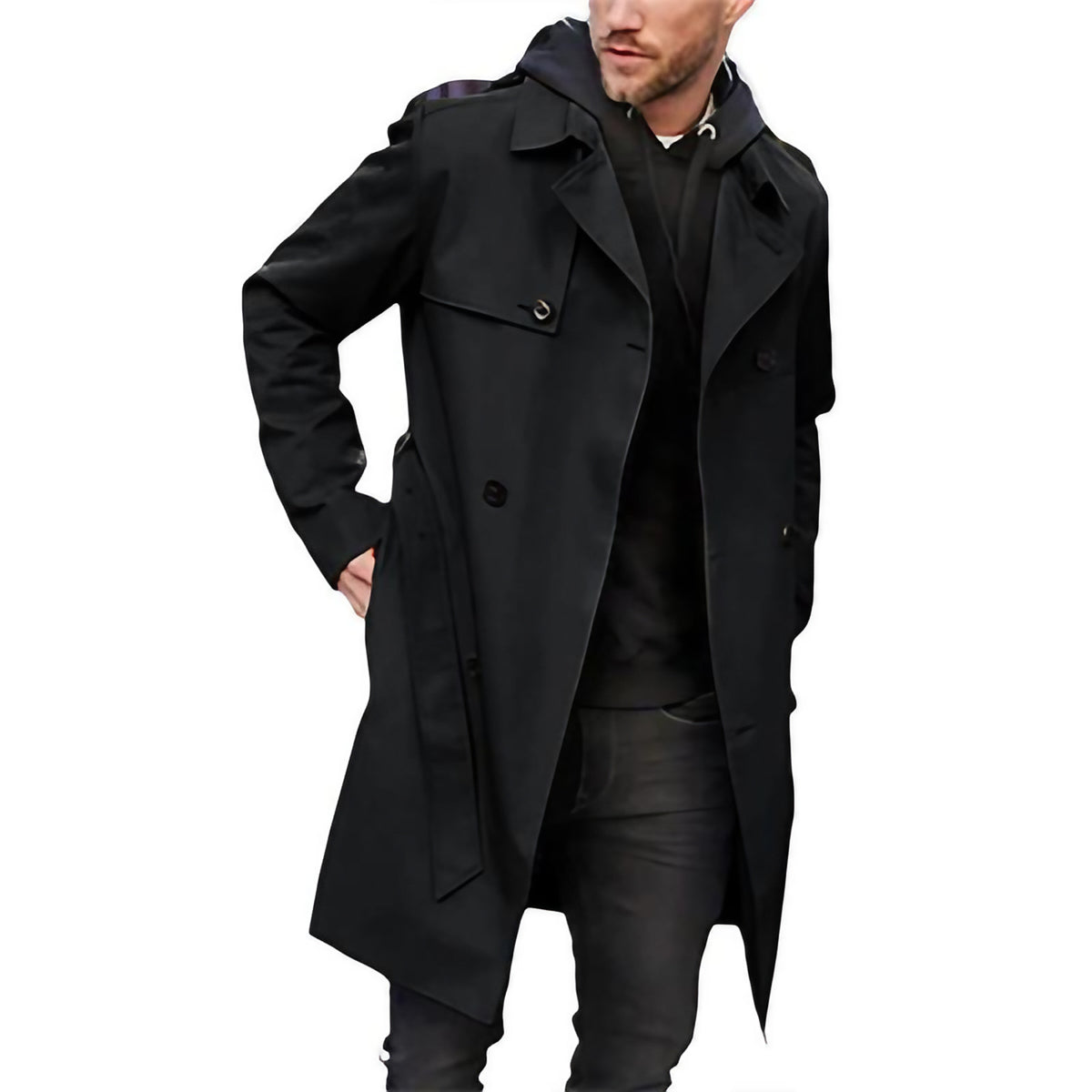 Trench homme à double boutonnage et ceinture, coupe ajustée, noir