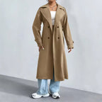 Trench long femme à double boutonnage, col à revers, kaki