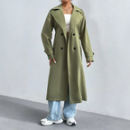 Trench long femme à double boutonnage, col à revers, vert