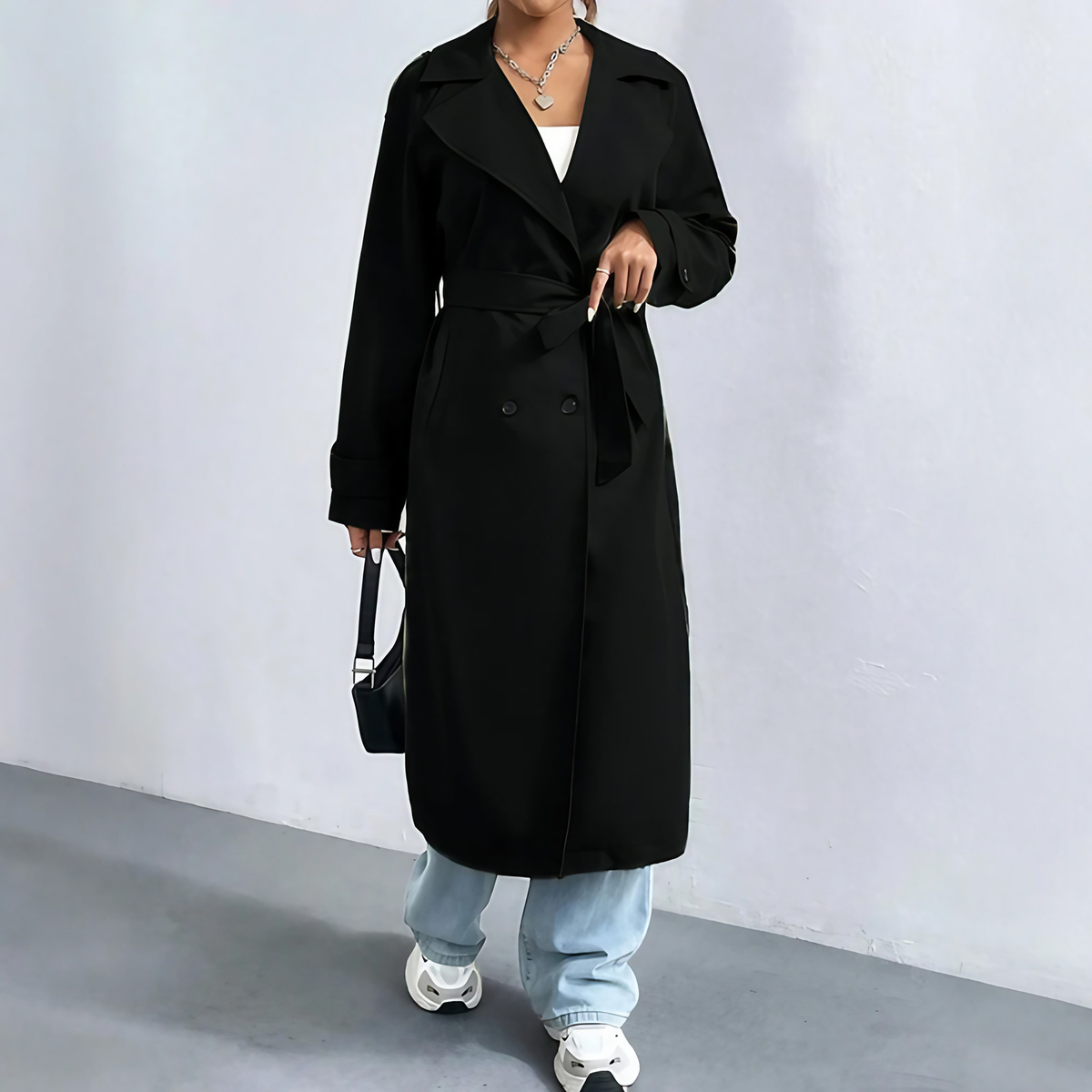 Trench long femme à double boutonnage, col à revers, noir