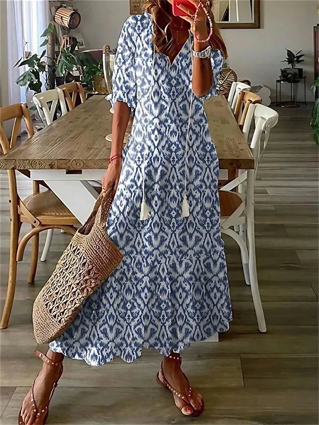 Robe longue d'été femme à manches courtes, du S au 3XL, bleu
