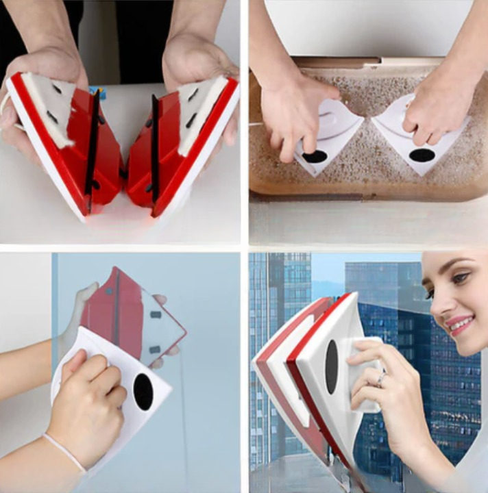 Lave-vitre magnétique double face, réservoir à savon intégré