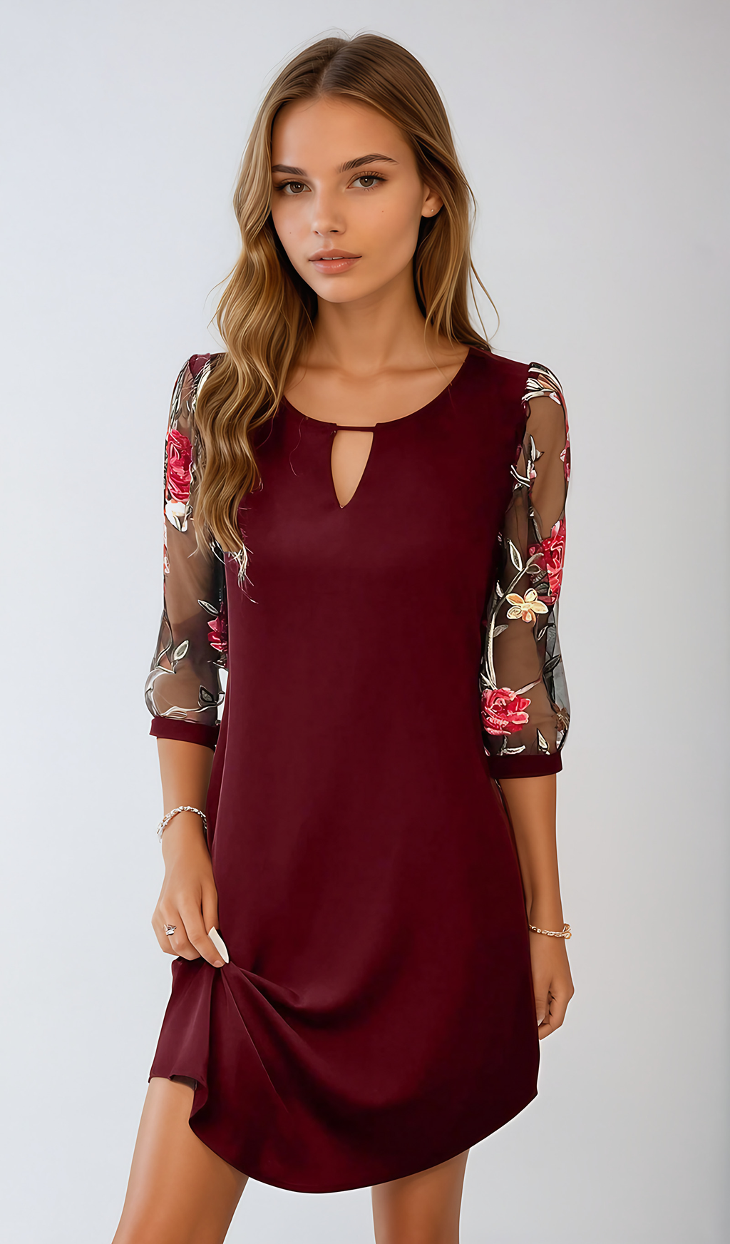 Robe chemise courte à imprimé fleuri, quatre coloris, rouge vin