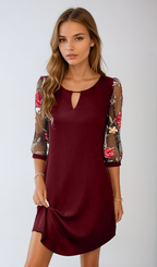 Robe chemise courte à imprimé fleuri, quatre coloris, rouge vin