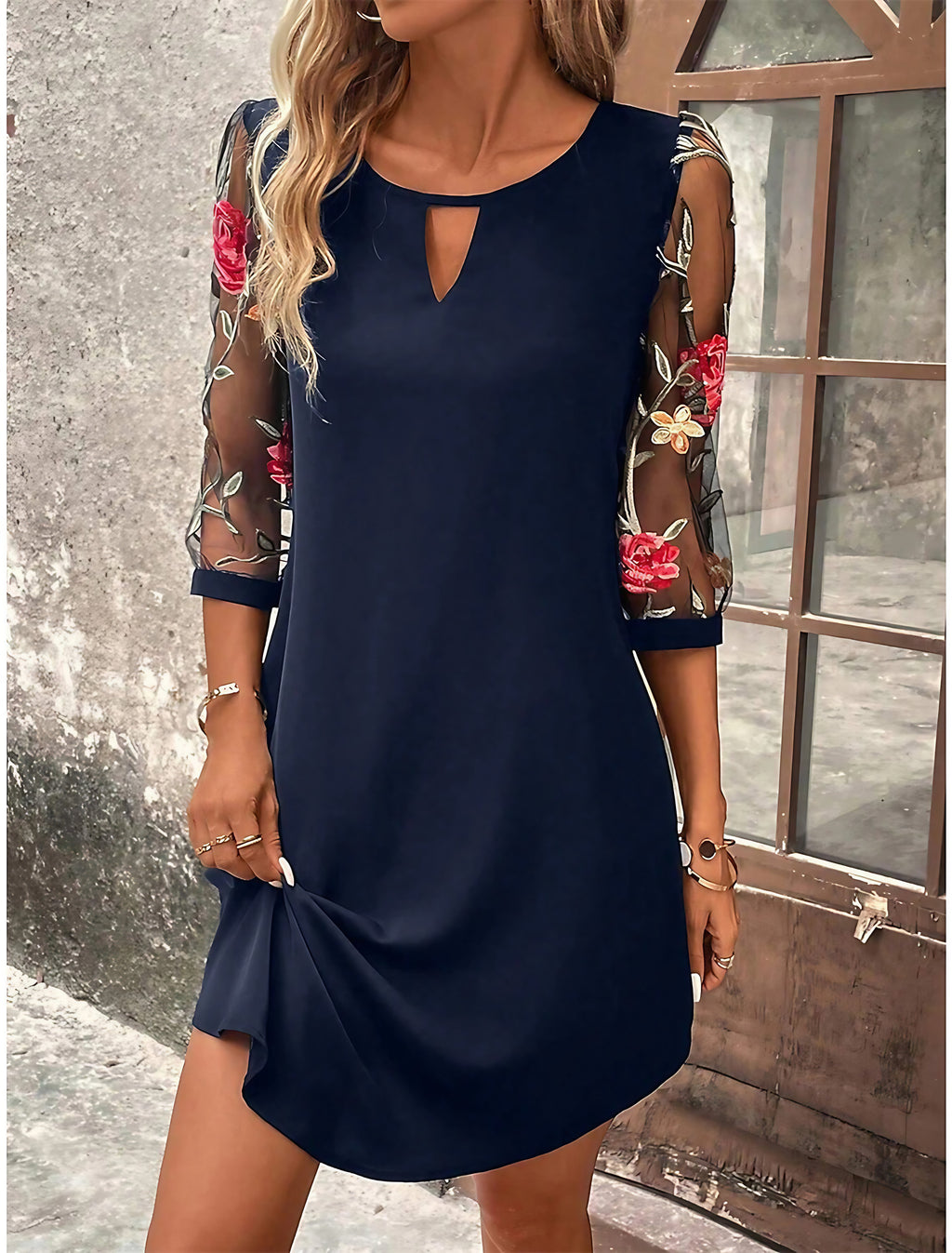 Robe chemise courte à imprimé fleuri, quatre coloris, bleu foncé