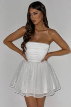 Mini robe à paillettes bustier, coupe évasée, quatre coloris, blanc