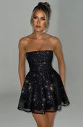 Mini robe à paillettes bustier, coupe évasée, quatre coloris, noir