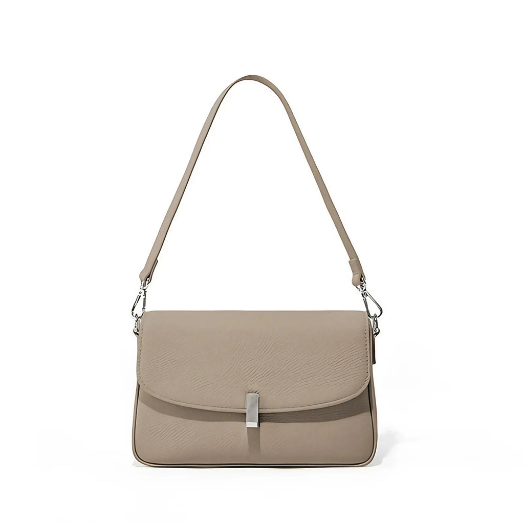 Mini sac bandoulière femme, rabat courbé à fermoir argenté, gris et beige