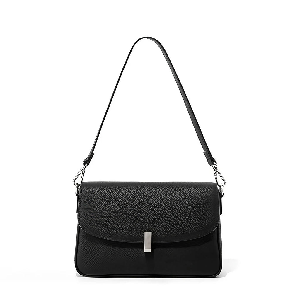 Mini sac bandoulière femme, rabat courbé à fermoir argenté, noir