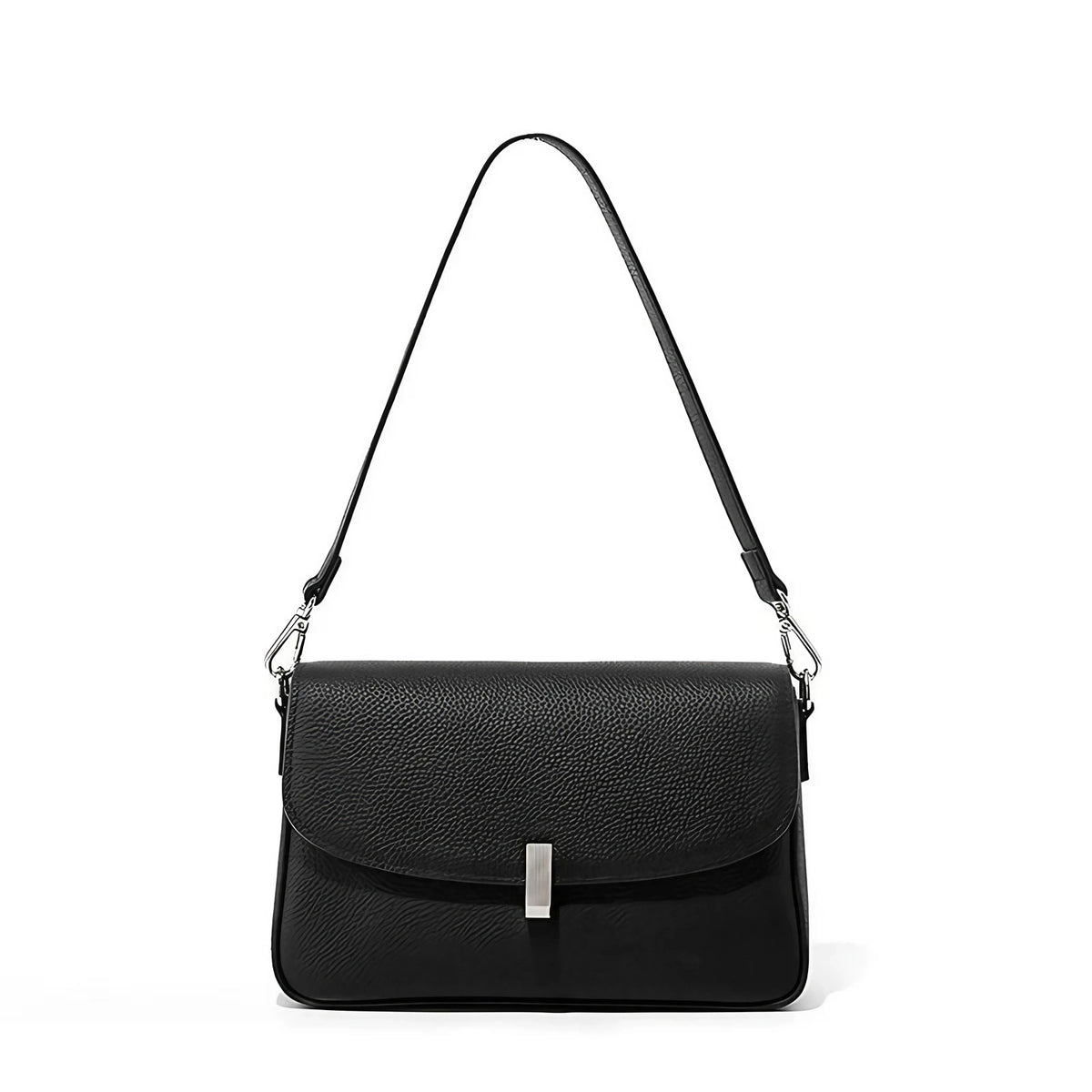 Mini sac bandoulière femme, rabat courbé à fermoir argenté, noir