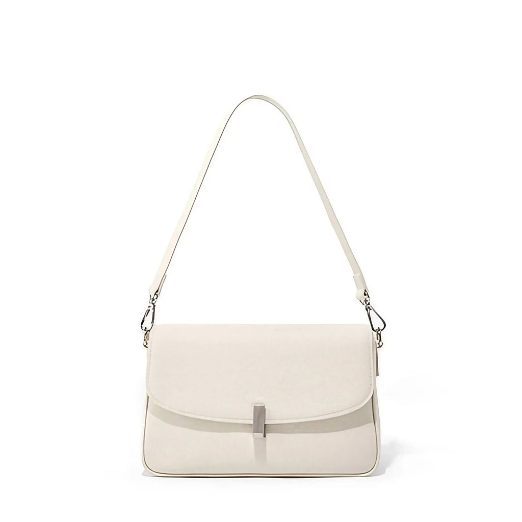 Mini sac bandoulière femme, rabat courbé à fermoir argenté, écru