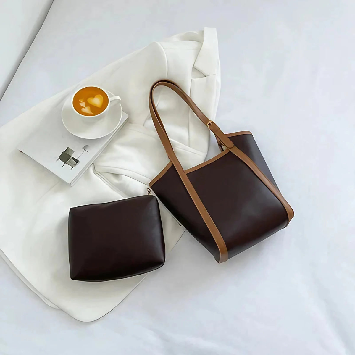 Mini sac cabas femme avec porte-monnaie assorti, 18 x 25 cm, café