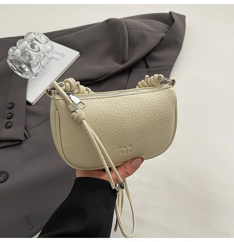 Mini sac à main femme en similicuir grainé, anse à nœud, écru