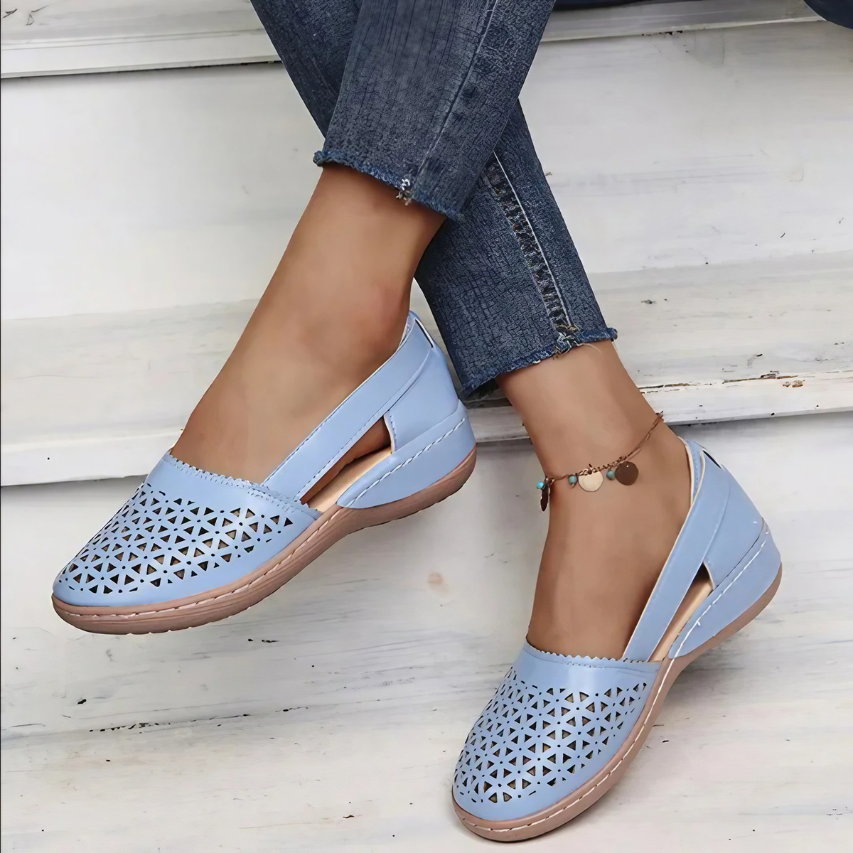 Mocassins femme à enfiler, semelle souple antidérapante, bleu