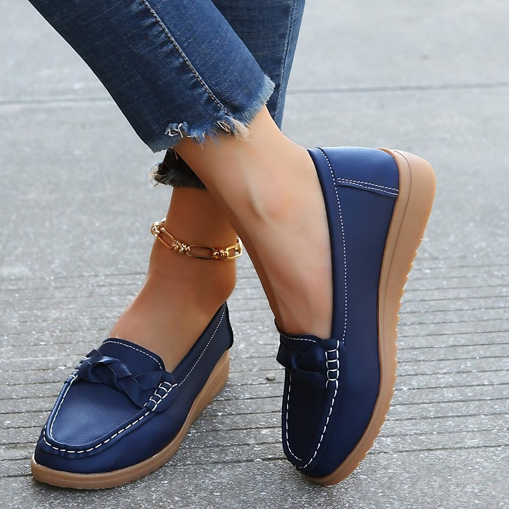 Mocassins femme à nœud, à enfiler, semelle antidérapante, bleu