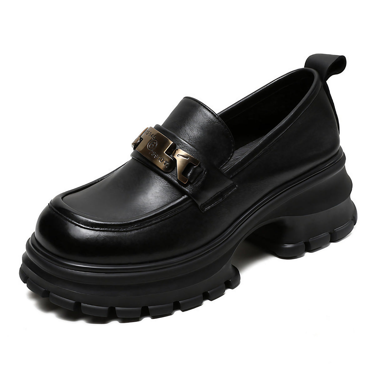 Mocassins femme à plateforme et chaîne métallique, noir ou marron, noir
