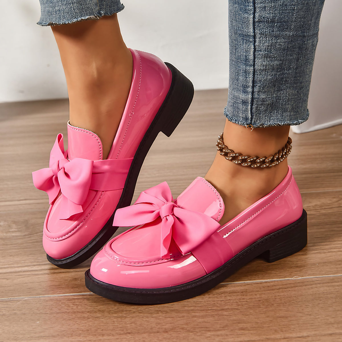 Mocassins femme à nœud, bout fermé, à enfiler, quatre coloris, rose