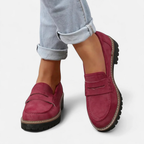Mocassins femme à semelle épaisse antidérapante, talon épais, rouge et noir