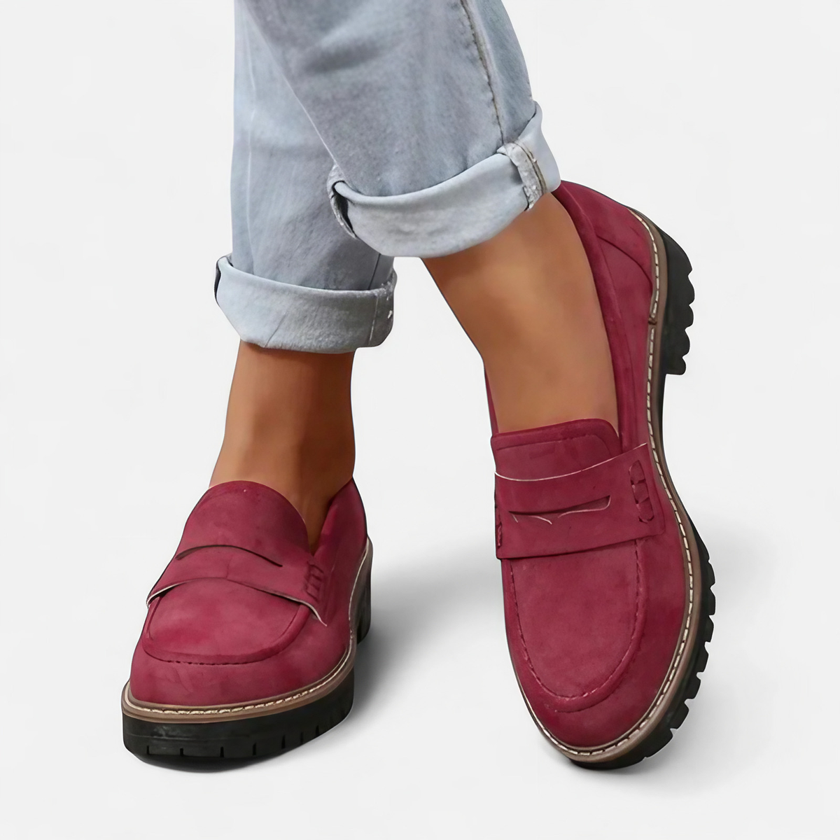 Mocassins femme à semelle épaisse antidérapante, talon épais, rouge et noir