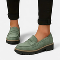 Mocassins femme à semelle épaisse antidérapante, talon épais, vert et noir