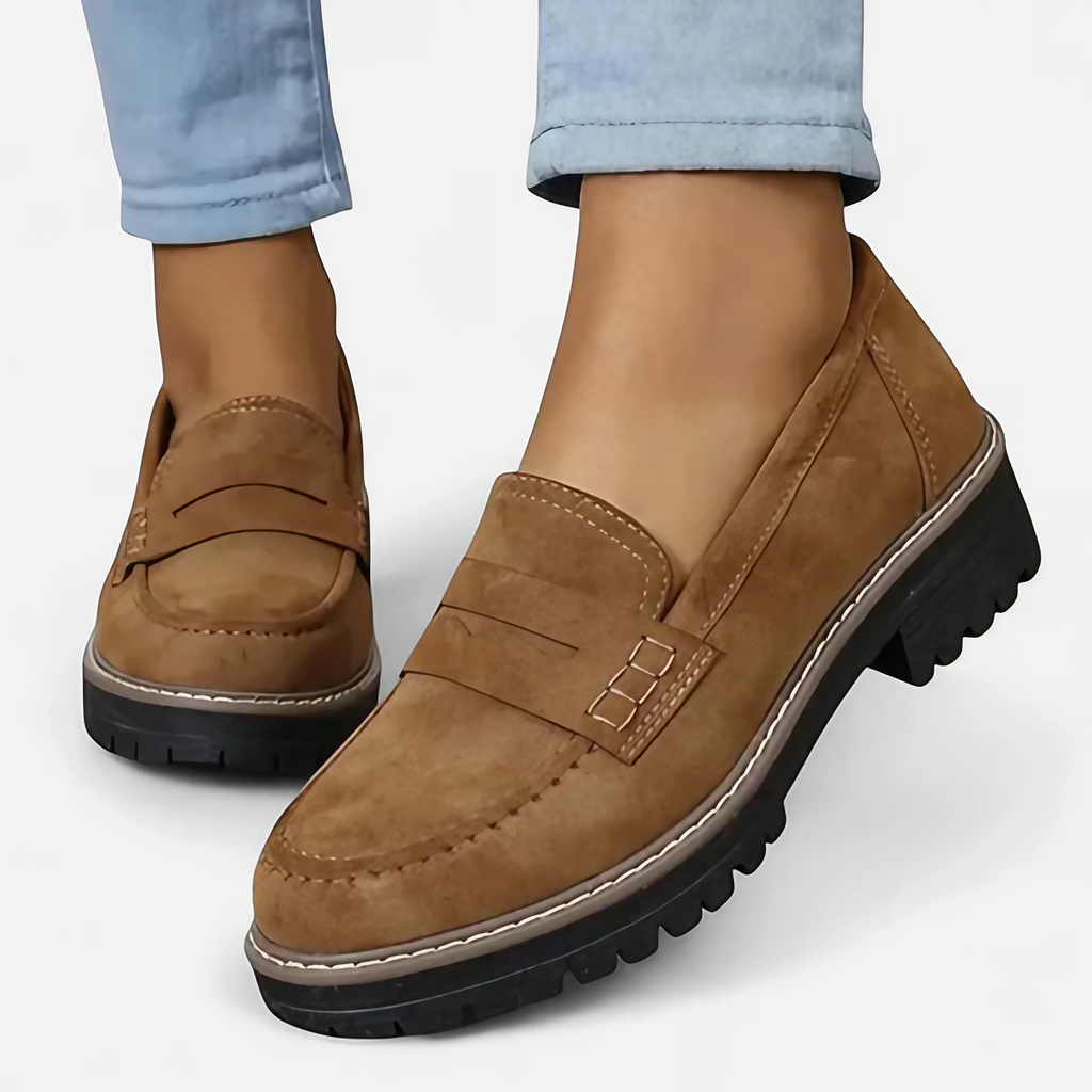 Mocassins femme à semelle épaisse antidérapante, talon épais, marron et noir